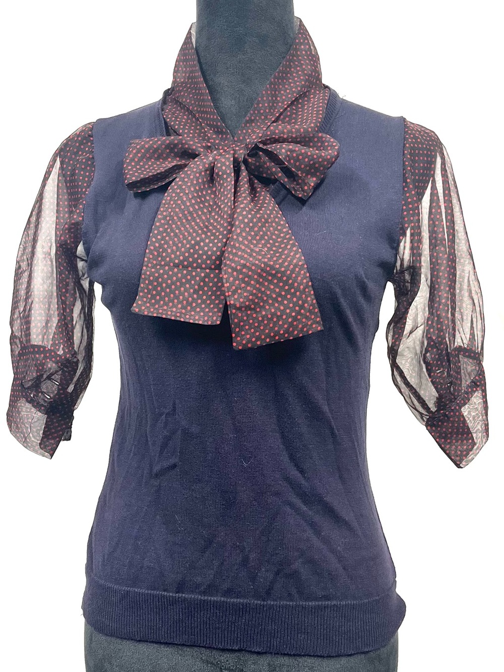Mango Navy Knit Top w/Neck Tie-Bow Sheer Sleeves Polka dots Women's Top sz Small